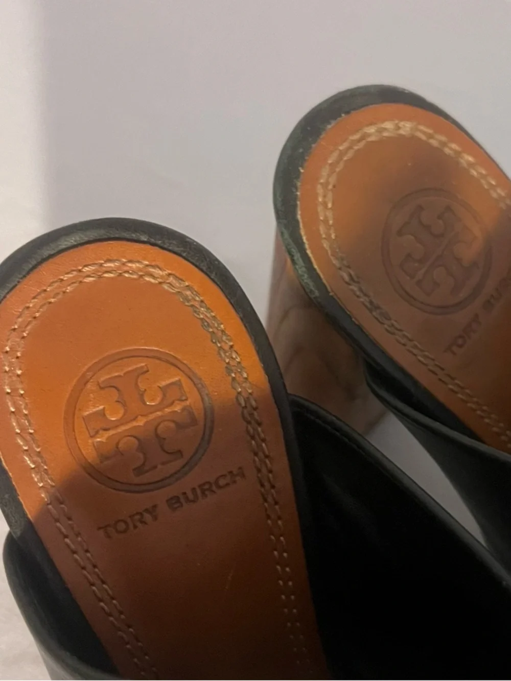 Tory Burch Black Leather Open-Toe Mule with Wood-Effect Block Heel